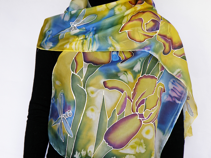 Hand painted silk scarf Iris and dragonflies